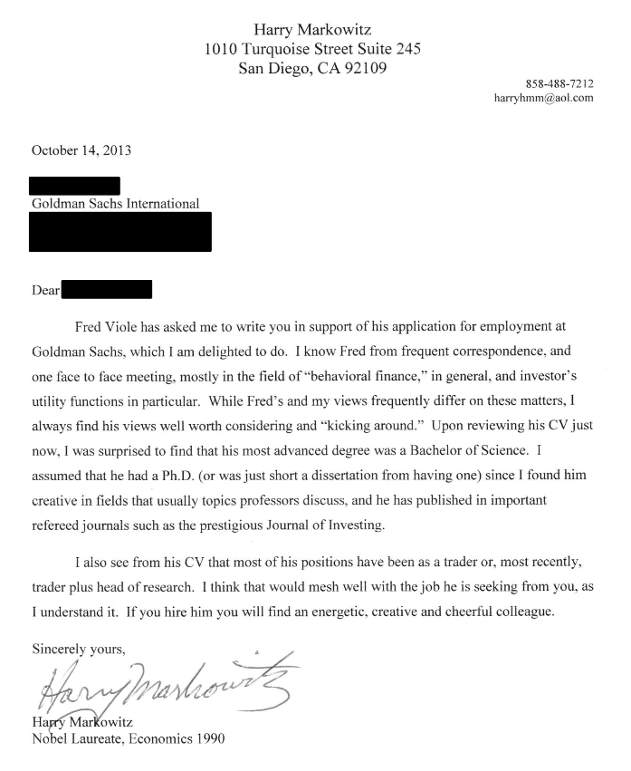 Harry Markowitz letter of recommendation for Fred Viole